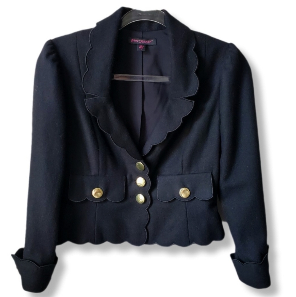 Y2K Vtg Betsey Johnson Black Scalloped Peplum Wool Blazer 2 Jacket Gold Button